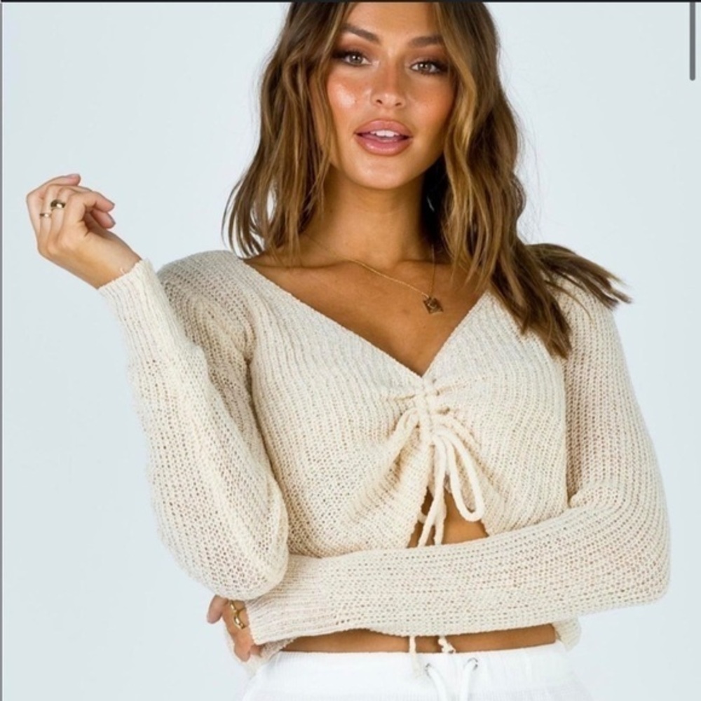 Princess Polly Cream Knit V-Neck Drawstring Blouse  cinch sweater m/L